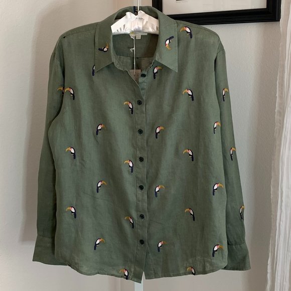 ❤️🎉HP🎉❤️ BODEN Toucan Bird Embroidered Linen Shirt, Olive, Size US 2P / … - Picture 4 of 13